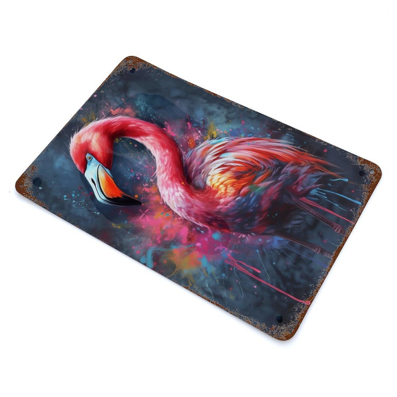 Flamingo Painting Rust Effect Tin Sign 11.8"x7.9", Vintage Wall Decor for Pub, Kitchen And Man Cave Decor
