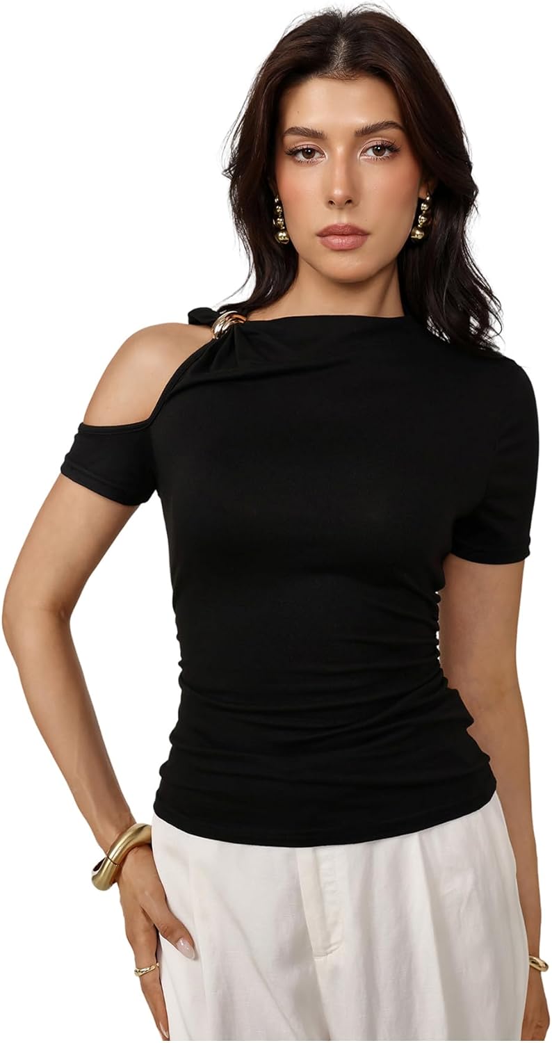 SOLY HUX Women's Cold Shoulder Ruched Tops Elegant Mock Neck Asymmetrical T Shirts Going Out Outfits