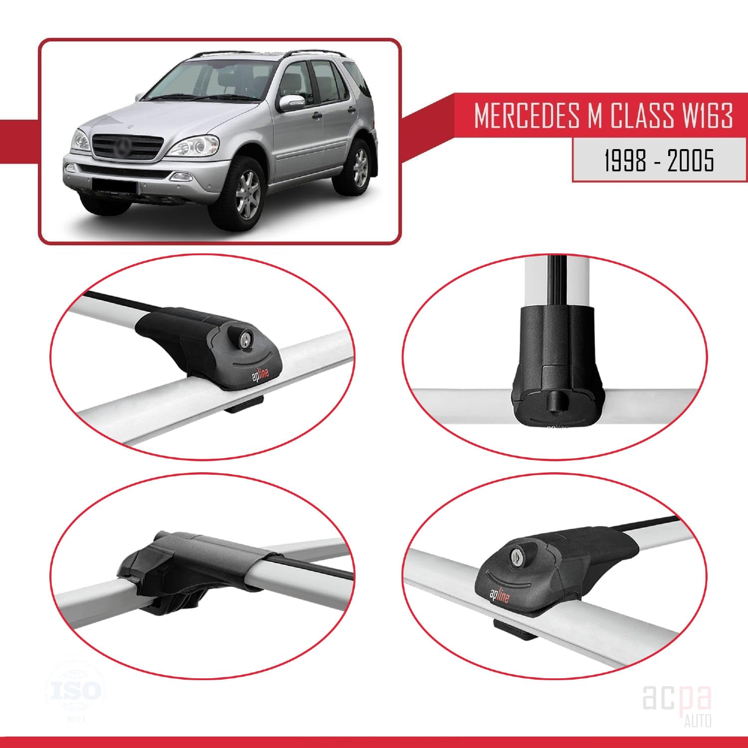 Compatible con Mercedes Clase M (W163) 1998 – 2005 Barras portaequipajes ACE-1, color gris