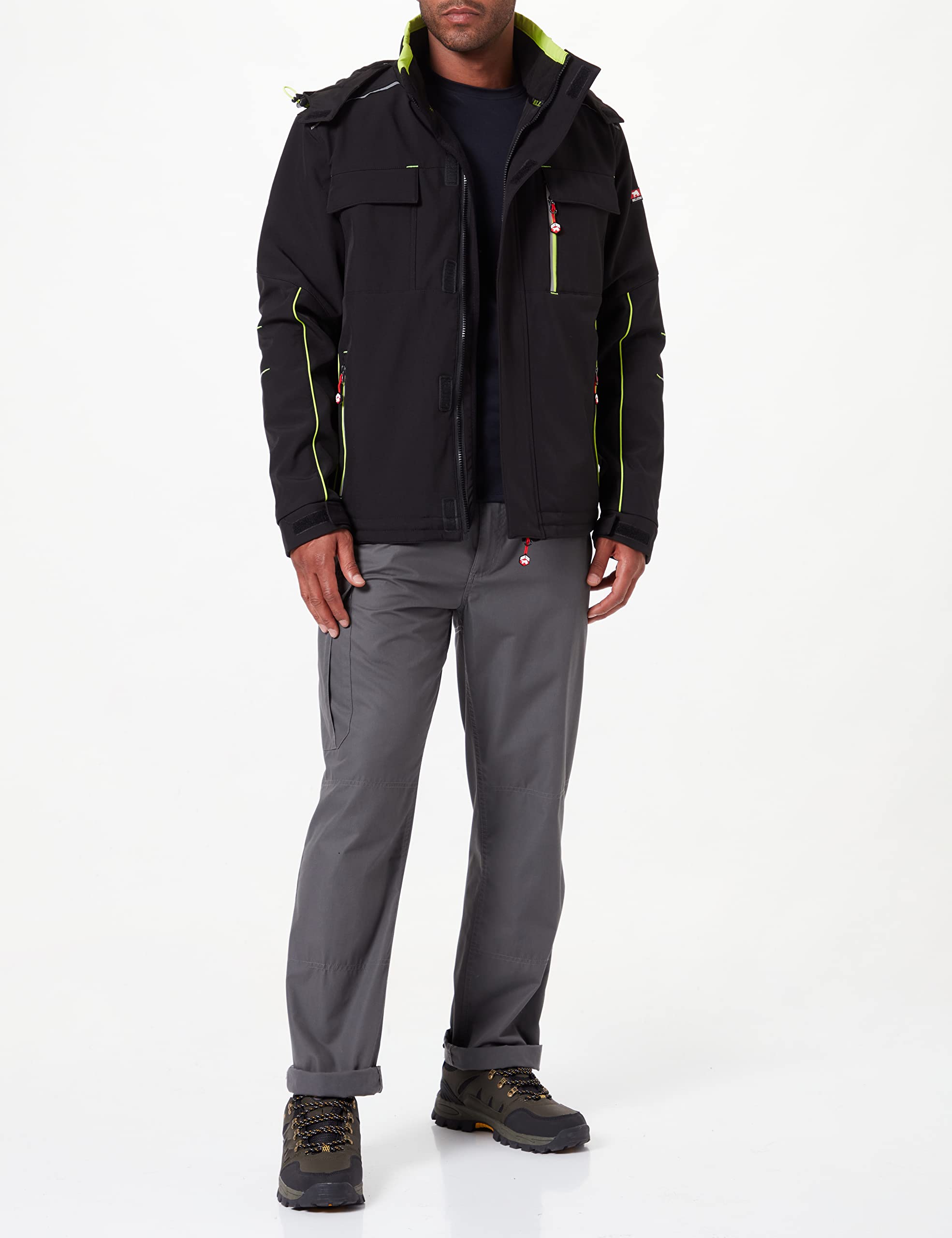 Bullstar Thermo-Softshelljacke ULTRA (Farbe schwarz, Größe M, Funktionsjacke für jedes Wetter, mit Kaputze, Arbeitskleidung) 9342-0-100-M
