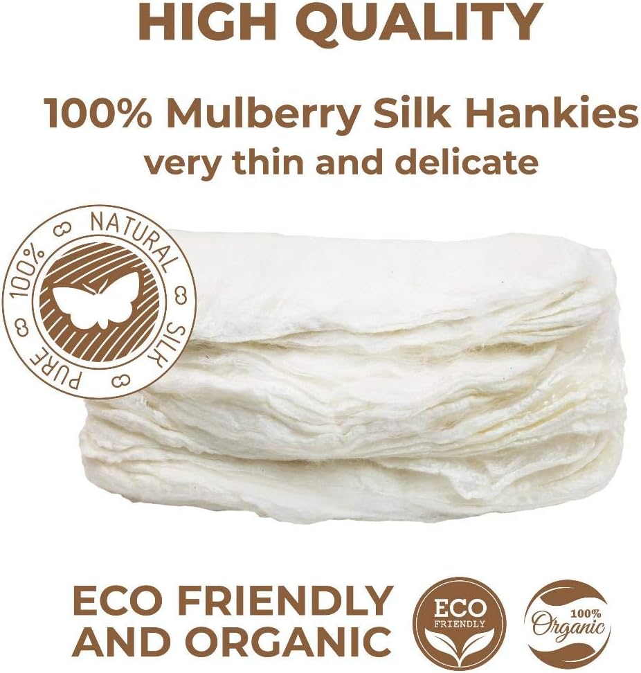 Undyed Mulberry Silk Hankies Natural White for Textile Projects - Dyeing - Wet and Nuno Felting - Spinning - Knitting - Papermaking - Be Creative Craft Supplies Store (100, Grams)