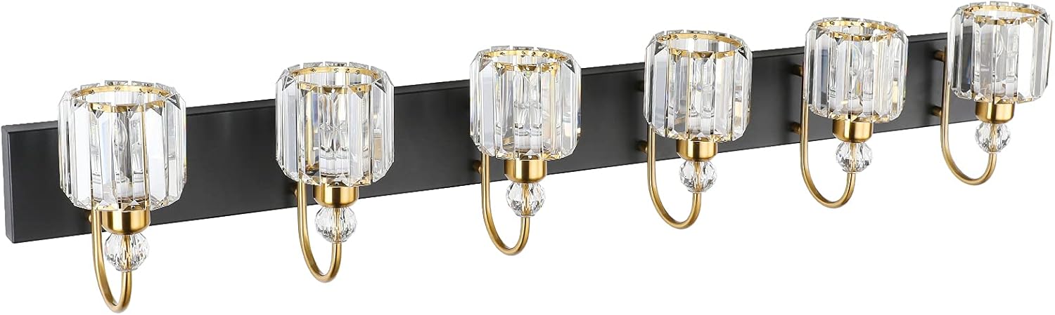 Ralbay Crystal Vanity Lights 6-Lights Modern Crystal Bathroom Vanity Lights Over Long Mirror Modern Black Gold Bathroom Vanity Lighting Fixtures