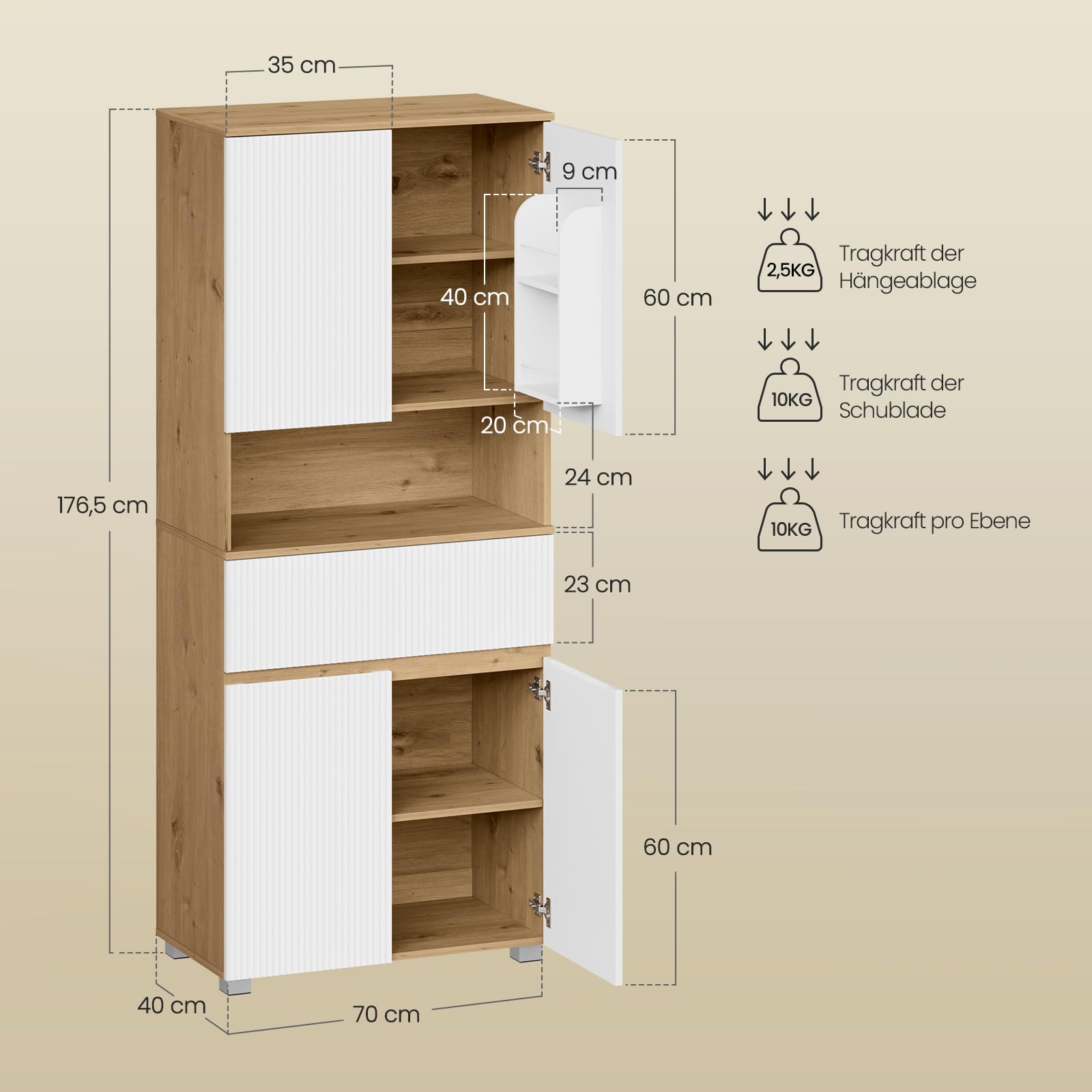 EUGAD Badezimmerschrank hoch, Badschrank, Mit 4 Türen, 1 offenem Fach, 1 Schublade, verstellbaren Einlegeböden, 70 x 176,5 x 40 cm, für Bad Wohnzimmer Küche, Weiß+Holzoptik