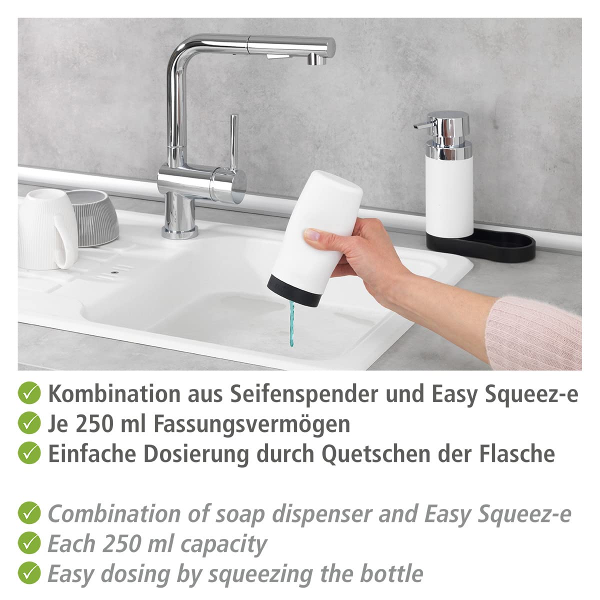 WENKO Juego de dispensadores Easy Squeez-e blanco - Dispensador de jabón y dispensador de detergente lavavajillas Capacidad: 0.25 l, Poliresina, 15 x 18 x 7 cm, Blanco