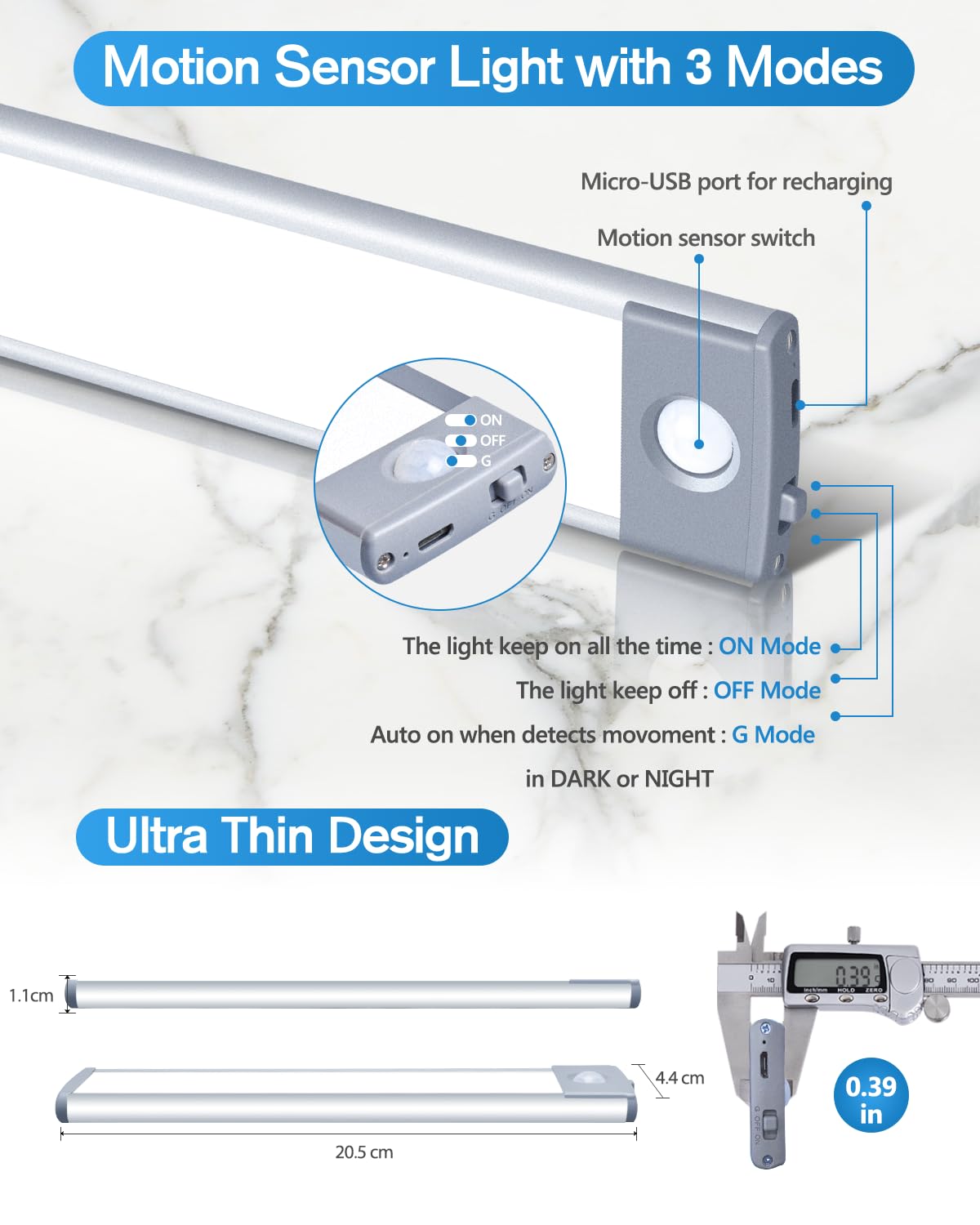 HIBOITEC 30 LED Luce Armadio Led,Armadio Sensore di Movimento Luci 20.3cm,3 Modalità Lluci Led Senza Filo per Sottopensile, Cucina, Corridoio, Garage,Camera, Scale, Bagno