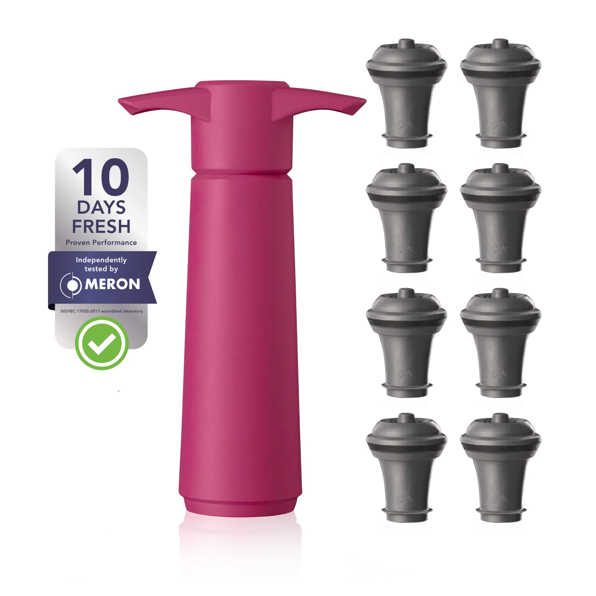 Vacu Vin Original Wine Pump - 8 Vacuum Wine Stoppers - Wine Saver - Pink