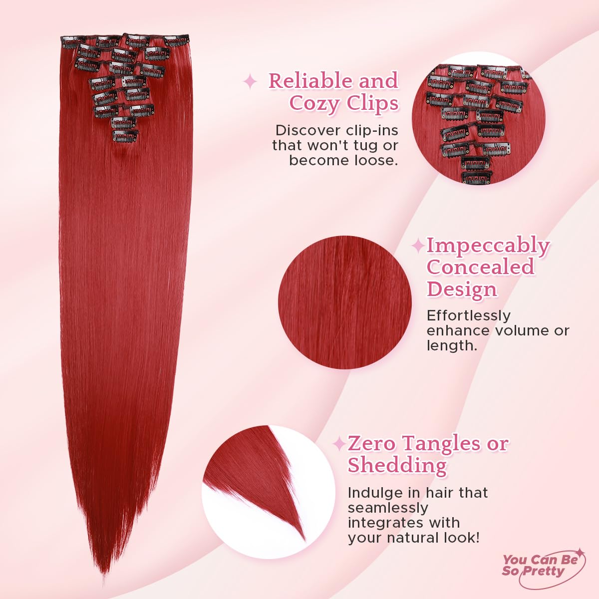 SEGO Pro Clip in Hair Extensions 8 Pcs 18 Clips Full Head Synthetic Fiber Hair Pieces for Women Straight 23 Inch (Dark Red) - Image 4