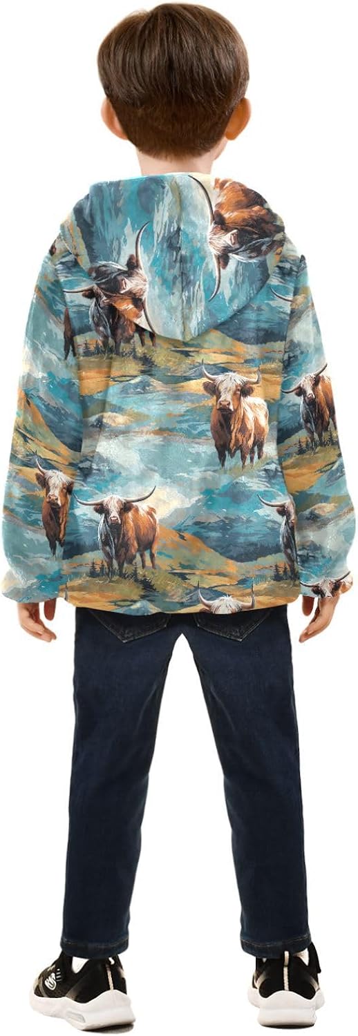 Highland Cow Animal Boys Fleece Coat,Children's Zip-Up Hoodie Jacket,Baby Warm Fashion Outerwear 3-10T,B0403025
