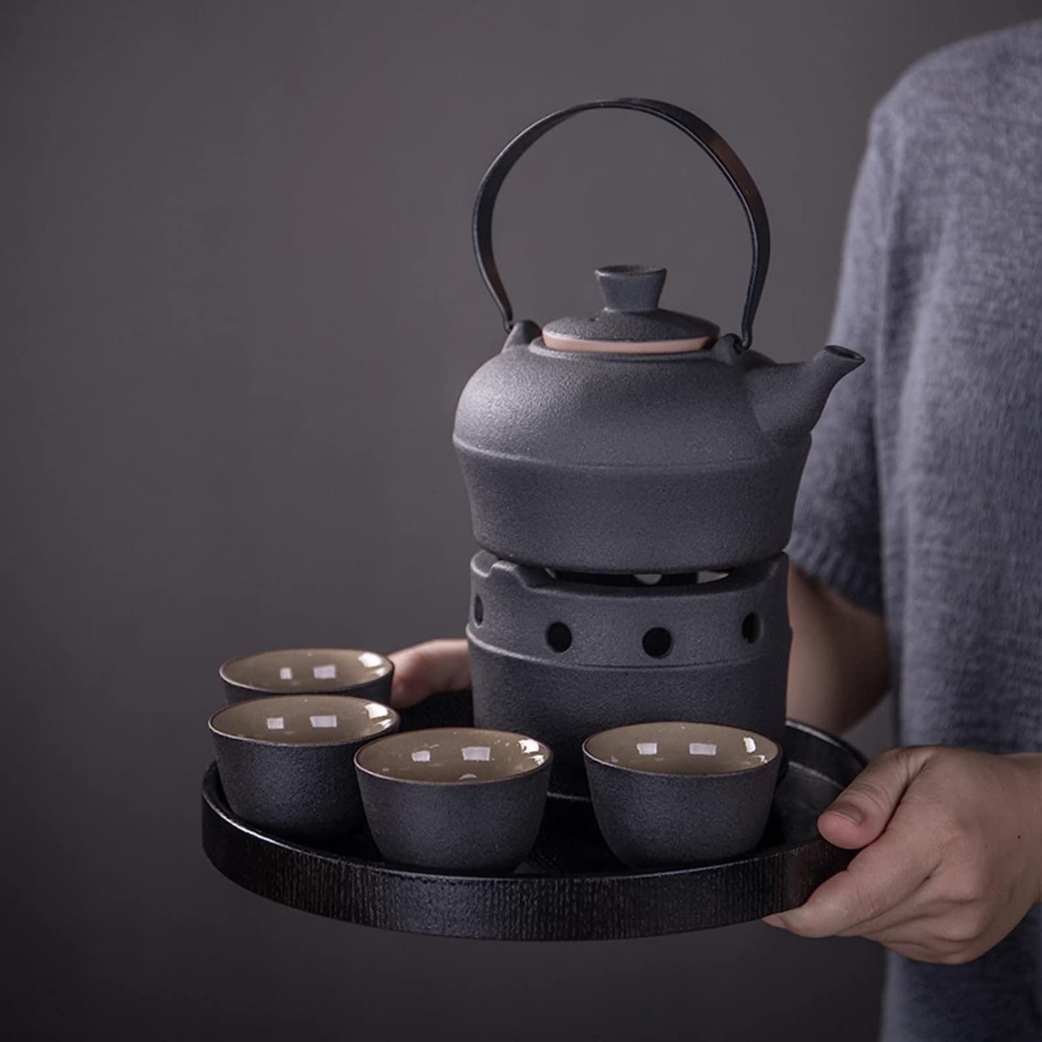 Juego de sake japonés de cerámica caliente con calentador de 6 piezas, 4 tazas, hervidor de sake y base calefactora para Navidad, cumpleaños y aniversarios, bandeja de cerámica (bandeja de madera)