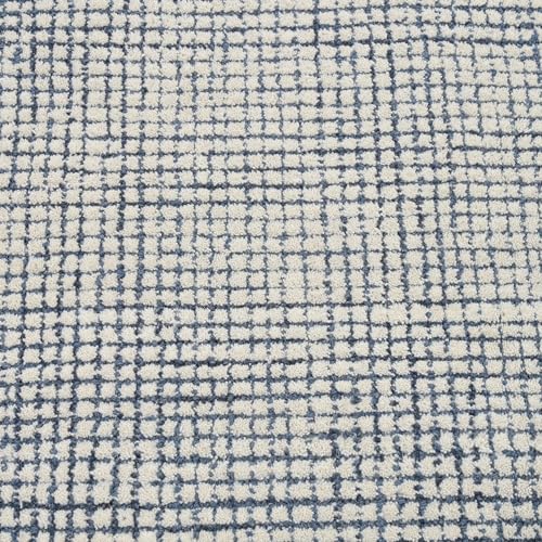 Image of Hand-Tufted 100% Wool Pile Area Rug - Geometric Textured Grid Check Pattern - Thick and Durable Floor Carpet for Bedroom, Living Room, Kids Room, and Dining Area (Indigo Blue, 8' x 10')