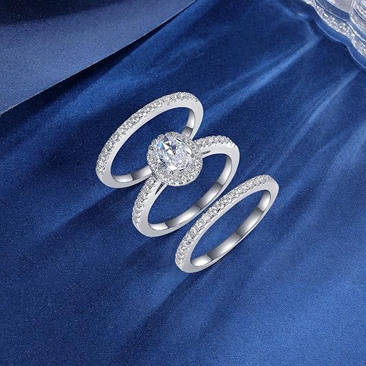 MDFUN Three-in-One Oval Halo Wedding Bands Set Engagement Rings 18K White Gold Plated Cubic Zirconia Promise Eternity Band for Women Size 5-10 - Image 6