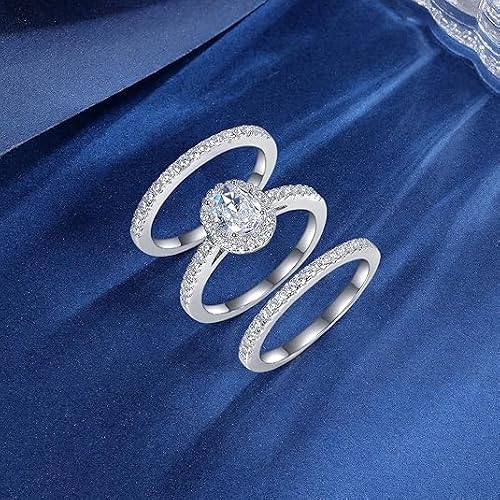 MDFUN 3 Pairs Oval Halo Wedding Bands Set Engagement Rings 18K White Gold Plated Cubic Zirconia Promise Eternity Band for Women Size 8 - Thumbnail 6