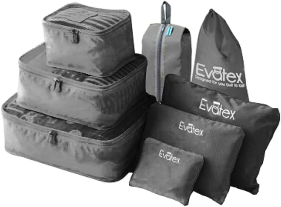 Evatex Packing Cubes - 8 Set Travel Packing Cubes, with Waterproof Shoe Bag, cosmetic bag, diaper bag, Laundry Bag (Grey) (Grey)