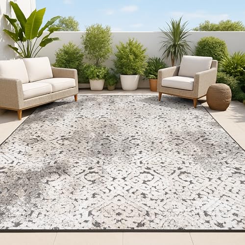 JONATHAN Y Shabby Damask Indoor Outdoor Area Rug 4X6 Cream/Beige/Dark Gray, Duenas High-Low for Backyard, Patio, Porch, Easy-Cleaning, High Traffic, Pet-Friendly, Non-Shedding (SBH110A-4)