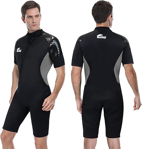Owntop Traje de neopreno corto de 0.118 pulgadas para hombre, trajes de buceo elásticos de manga corta de una pieza con cremallera frontal UPF50+