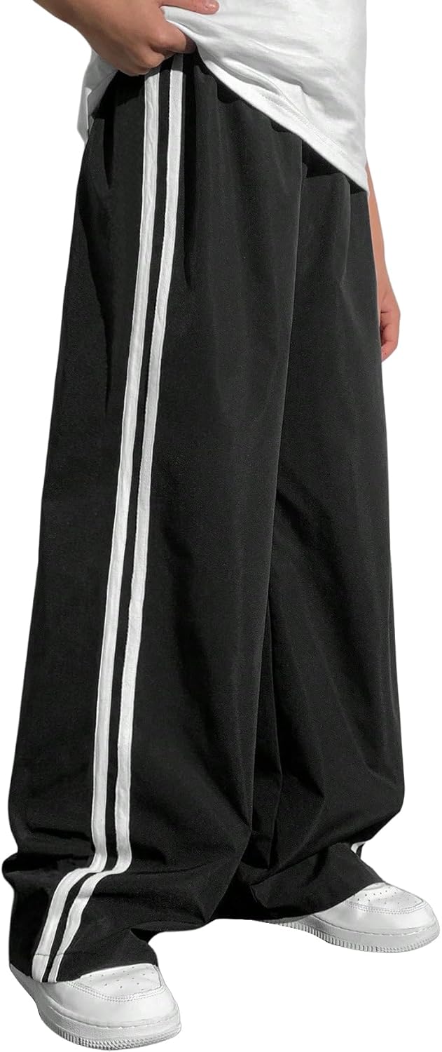 Boy's Wide Leg Pants Stripe Side Elastic Waist Baggy Sweatpants Running Athletic Pants Trousers
