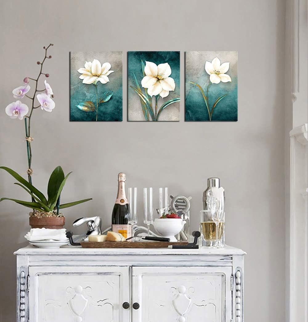 Flower Canvas Wall Art Cream White Floral Wall Decor Turquoise Tealish Grey Background Canvas Picture Modern Rustic Artwork Bathroom Bedroom Living Room Home Office Decoration 12" x 16" x 3 Pieces