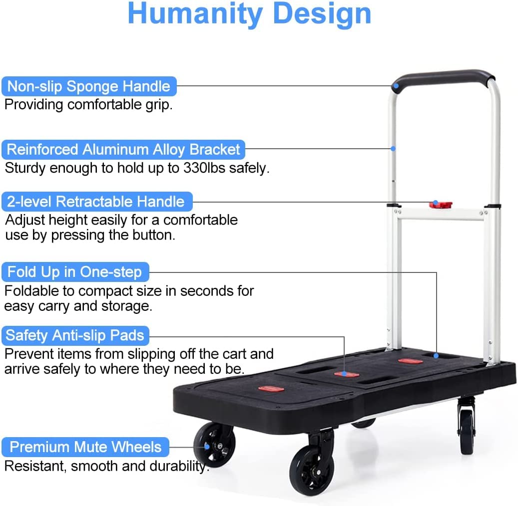 Folding Hand Truck 330 Lbs/150kg Heavy Duty Dolly Cart with 4 Wheels Portable Platform Truck Lightweight Foldable Utility Luggage Push Cart with Adjustable Handle for Moving Shopping Travel Office Use