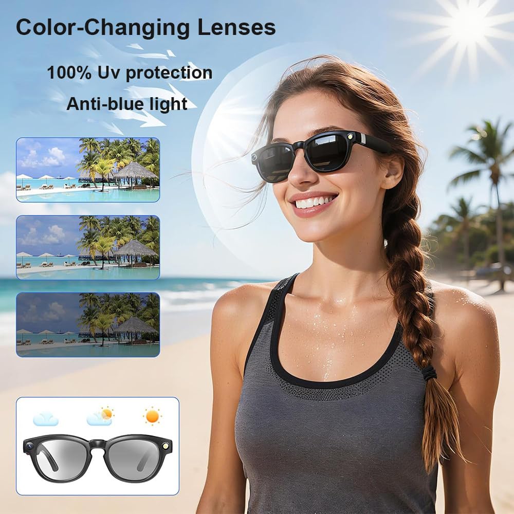 Lunettes Intelligentes IA,Caméra HD 4k,Balayage Et Toucher,Puce Anti-Tremblement Intégrée,Connexion Bluetooth Wi-FI,Changement De Couleur,Conception Stéréo À Deux Canaux,pour Les Voyages