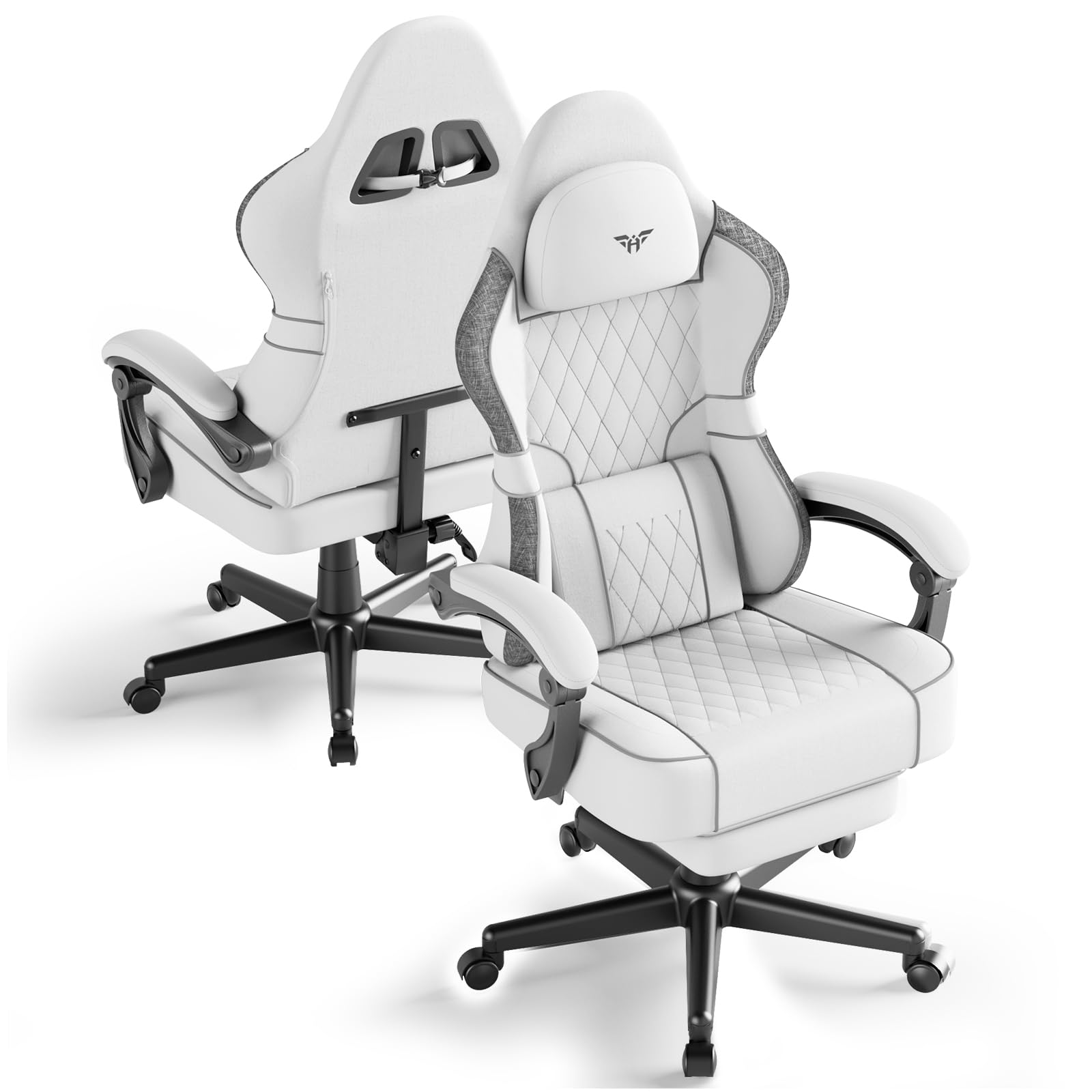Ferghana Silla Gaming Ergonómica con Masajeador,Silla Gamer con Fabric Transpirable,Soporte Lumbar de Masaje,Reposacabezas,Reposapiés,Silla de Oficina,Silla Ergonómica de PC (Blanco,Tejido)
