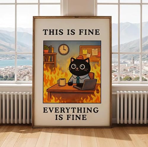 This Is Fine - Funny Office Meme Poster, Burnout Wall Art, Sarcastic Work Decor, Dark Humor Print, Relatable Office Gift