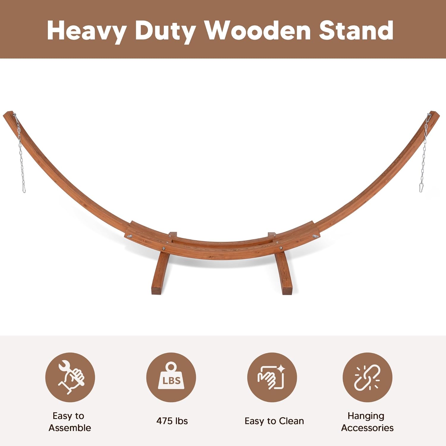 SUNCREAT 13.5 ft Wooden Hammock Stand Only, Heavy Duty Larch Wood Arc Hammock Stand with Chains and Carabiners, 475 lbs Capacity