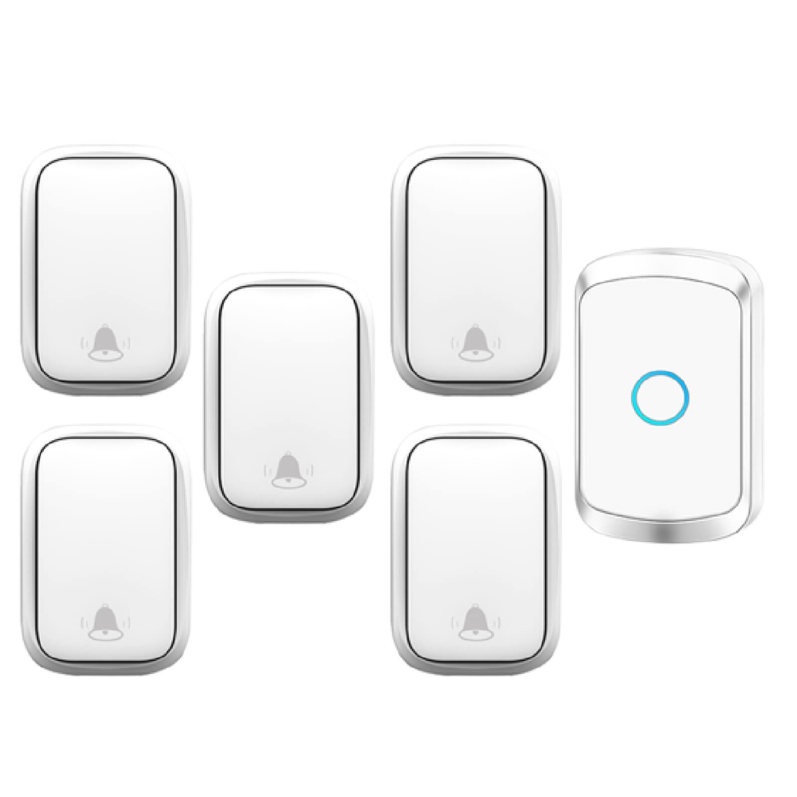 『No requiere batería』Timbre inalámbrico IP55 resistente al agua, kit de timbre de puerta con 6 receptores enchufables y 2 transmisores autoalimentados de presión, 5 niveles de volumen, 60 timbres,