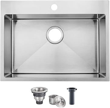 SHACO 25x18 Inch Drop In Kitchen Sink, 25 Inch Top Mount Stainless Steel Bar RV Laundry Utility Outdoor Sink, Brushed Nickel 16 Gauge Deep Small Kitchen Single Bowl