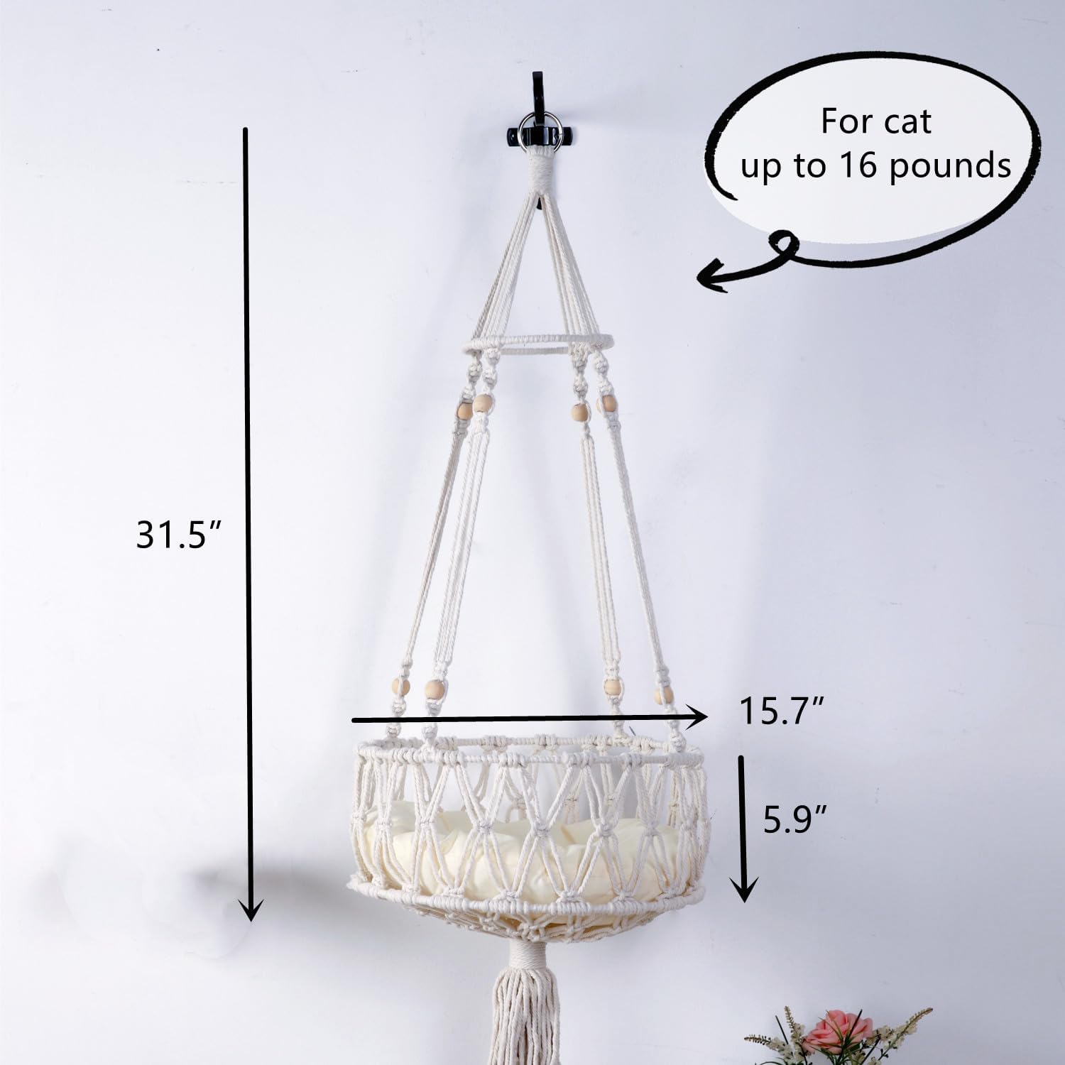 SHENGOCASE Macrame Boho Cat Hammock with 3 Steps and Hook, Wall Mounted Swing Bed, Hanging Cat Bed for Indoor Cats, Wall Furniture (15.7")