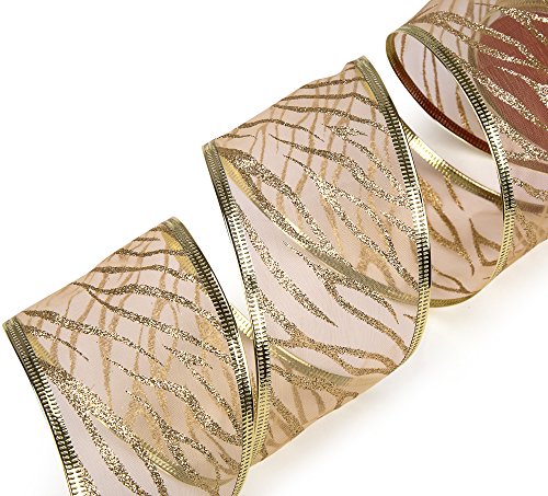 Ipegtop Wired Christmas Ribbon, Assorted Organza Swirl Sheer Glitter Crafts Gift Wrapping Ribbon Christmas Design Decorations, 36 Yards (6 Roll X 6 Yd) By 2.5 Inch, White/Gold #TOP3