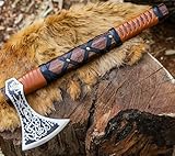 SHINY CRAFTS® Handcrafted Viking Axe – Engraved Nordic Blade with Wooden Handle Unique Gift for Men, Collectors, Cosplay, and Medieval Decor (Brown-VBA-04-A)