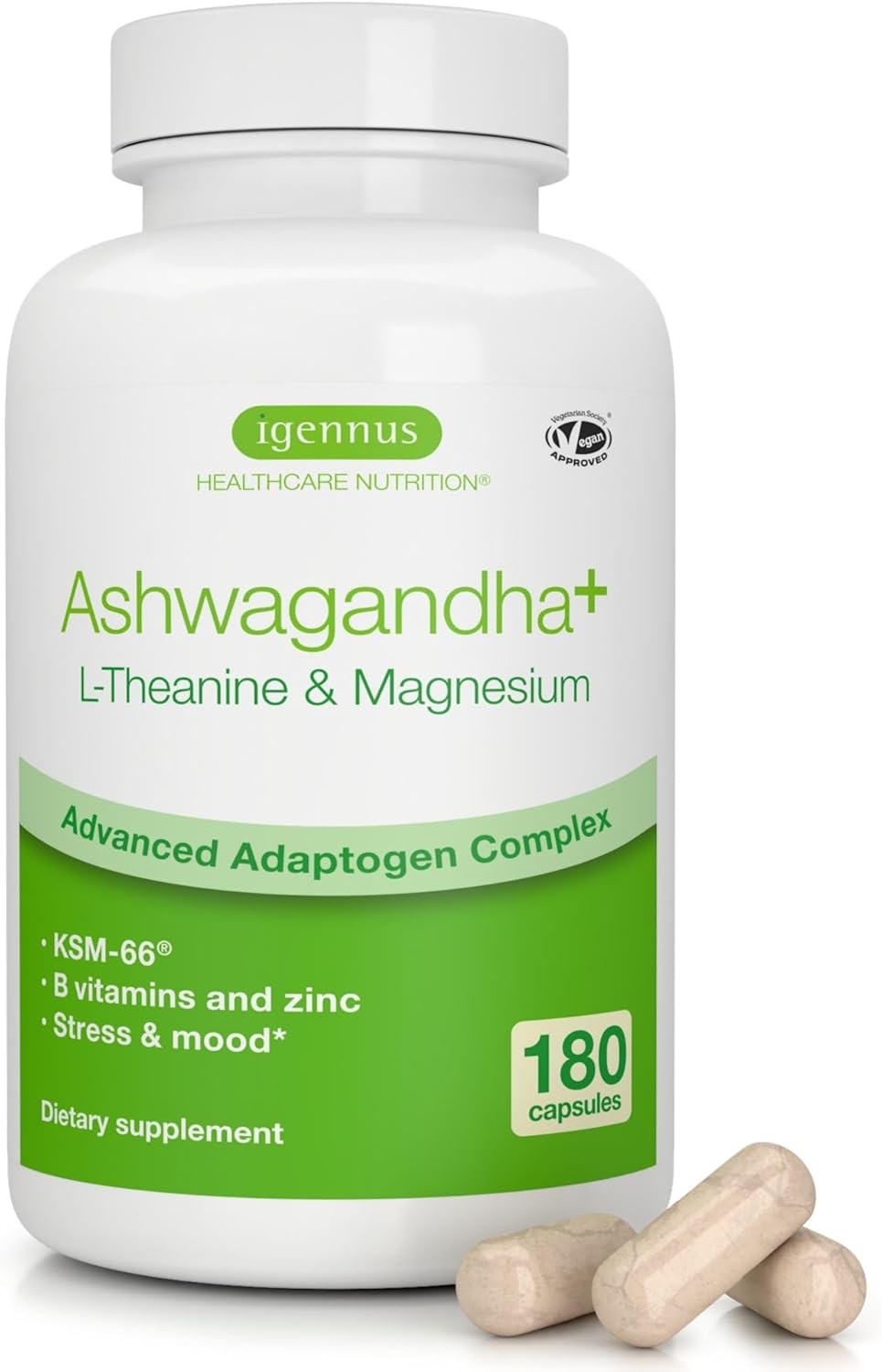Igennus High Strength Ashwagandha KSM-66 Stress Relief Complex, L-Theanine & Magnesium & Root Extract Adaptogens, Methylated B Vitamins, Calm & Sleep Support, Clean Label, 180 Fast Acting Capsules