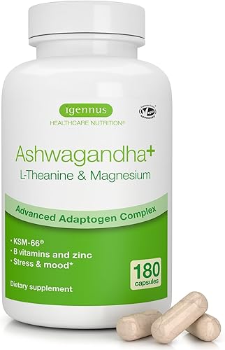 Igennus - Complejo de Alivio del Estrés de Ashwagandha KSM-66 de Alta Potencia, L-Teanina y Magnesio y Extracto de Raíz Adaptógenos, Vitaminas B