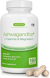 Igennus High Strength Ashwagandha KSM-66 Stress Relief Complex, L-Theanine & Magnesium & Root Extract Adaptogens, Methylated B Vitamins, Calm & Sleep Support, Clean Label, 180 Fast Acting Capsules