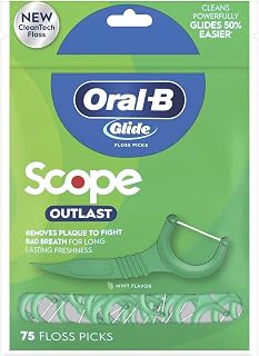 Oral-B Glide Floss Picks with Scope Outlast Mint, 75 Ct, 6-Pack – Smooth Glide, Shred-Resistant, Plaque-Removing Dental Picks