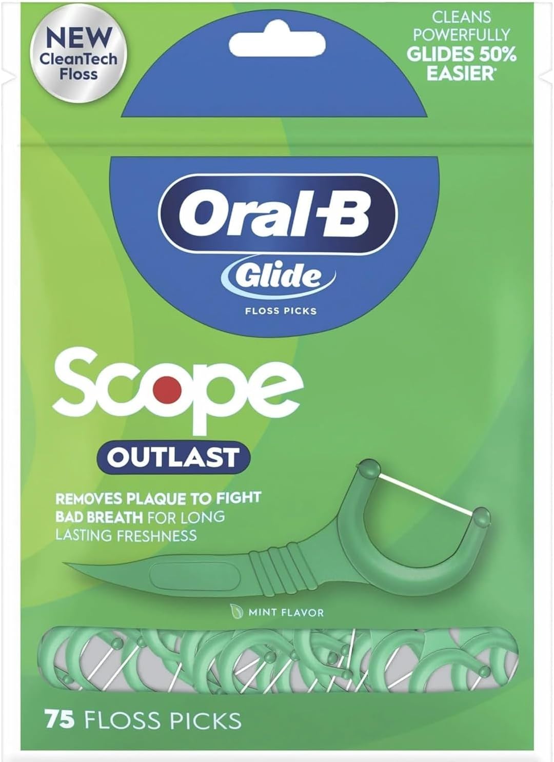 Oral B Glide Dental Floss Picks, Complete With Scope Outlast, Mint, 75 Count, Pack Of 6