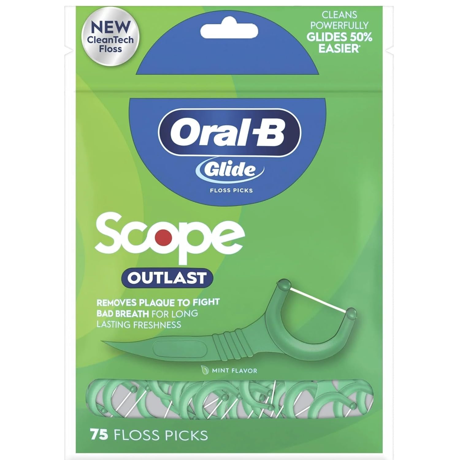 Oral B Glide Dental Floss Picks, Complete With Scope Outlast, Mint, 75 Count, Pack Of 6