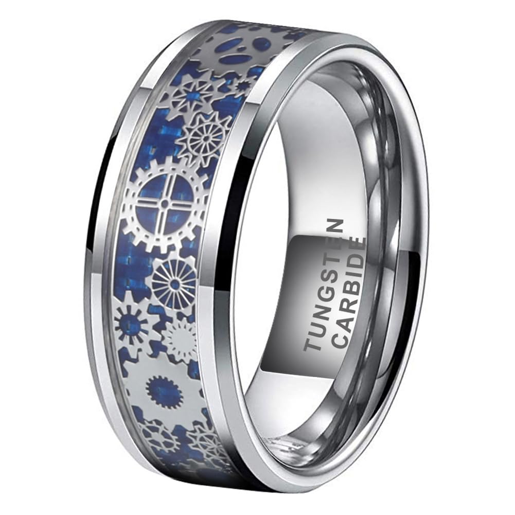 TUTISS 6mm 8mm Blue Red Green Carbon Fiber Steampunk Gear Inlay Tungsten Rings for Men Women Wedding Bands Beveled Edges Polished Comfort Fit