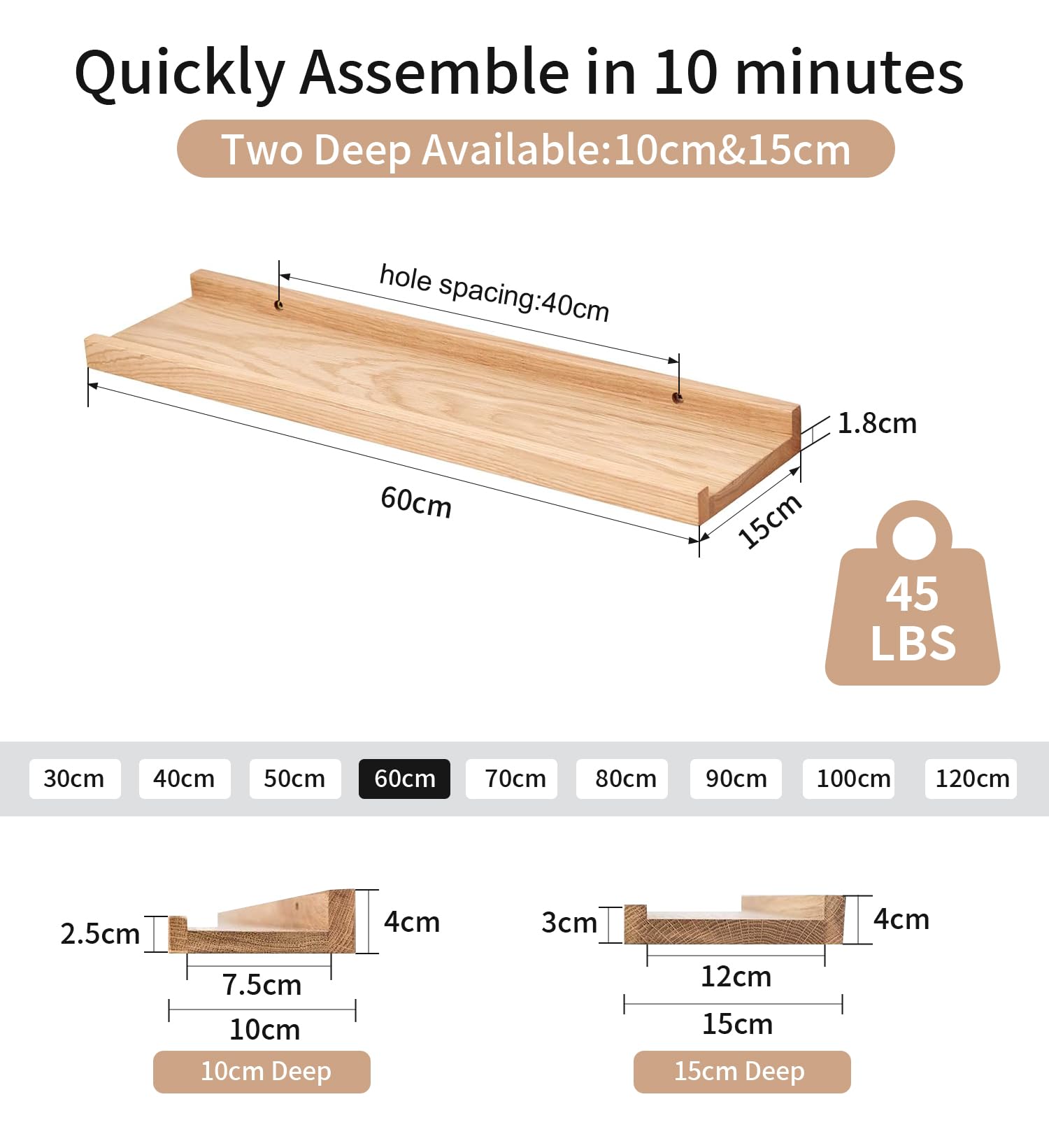 BGMG Mensole Sospese In Legno 61x17x1,25 Cm – Set Da 2 – Rustico Dorato – Per Soggiorno, Bagno, Cucina