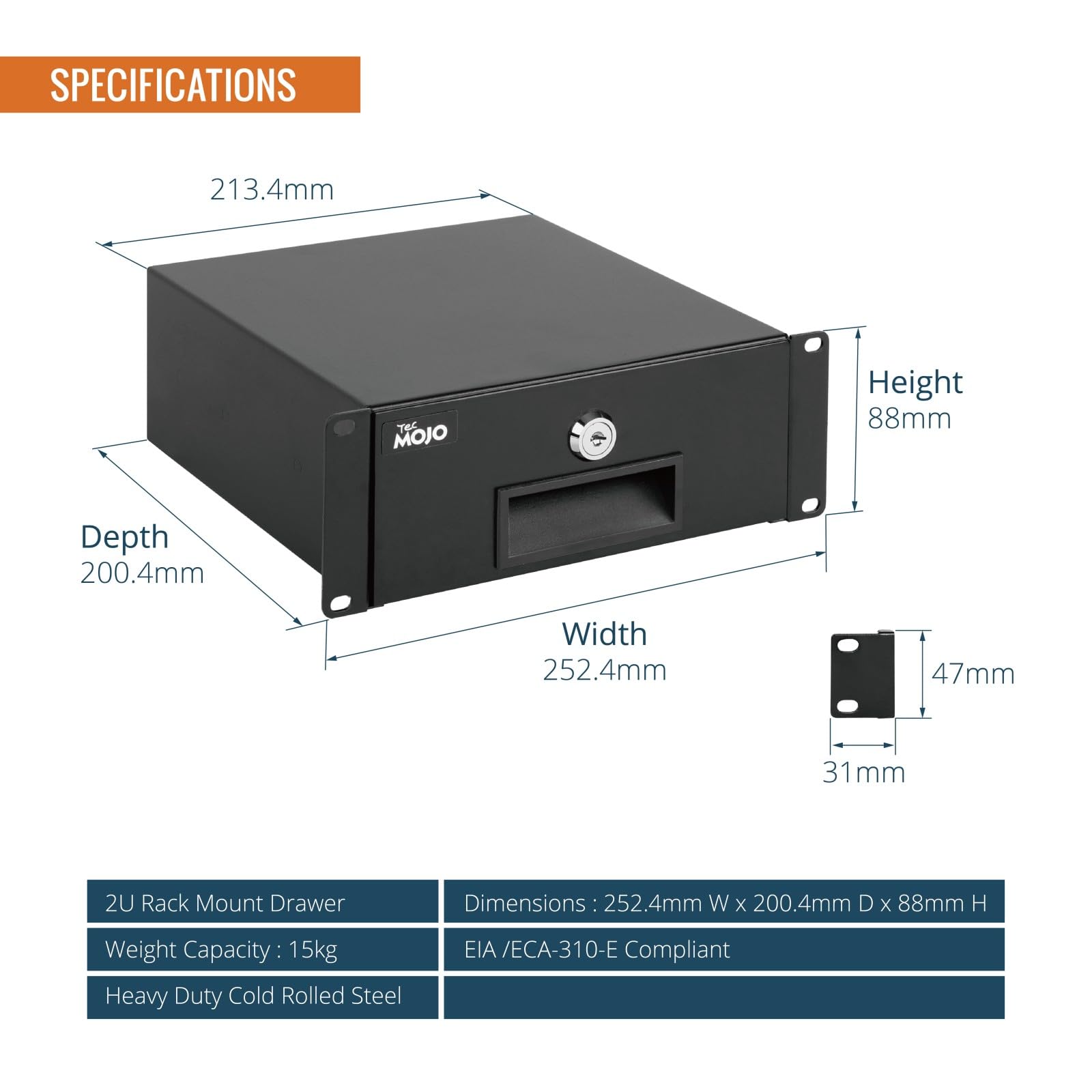 Tecmojo 2HE Tiroir rack verrouillable 10" Noir