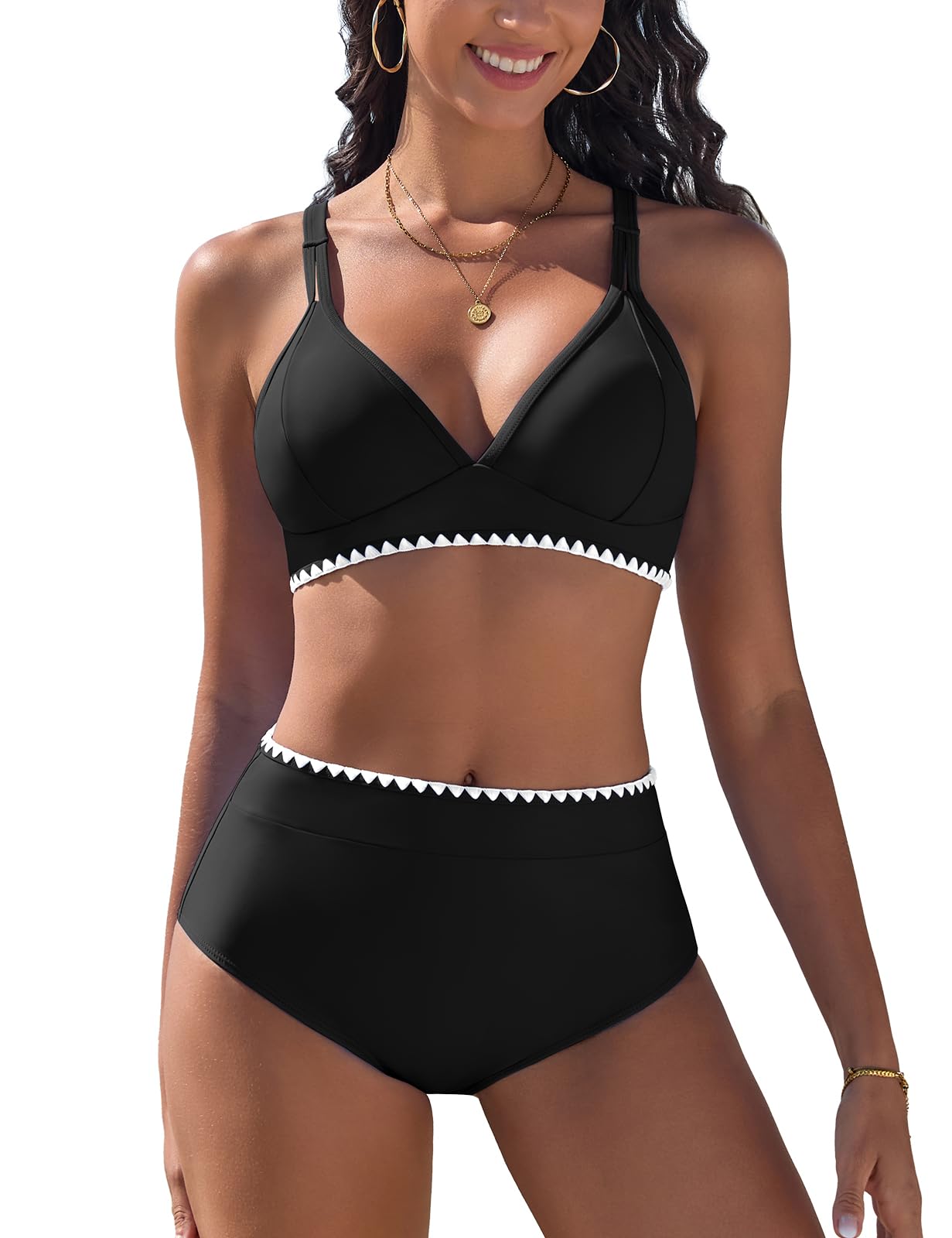 Maillot de Bain Femme 2 Pieces Taille Haute Bikini Set Col V Ensemble Chic et Elegant avec Dentelle Blanche