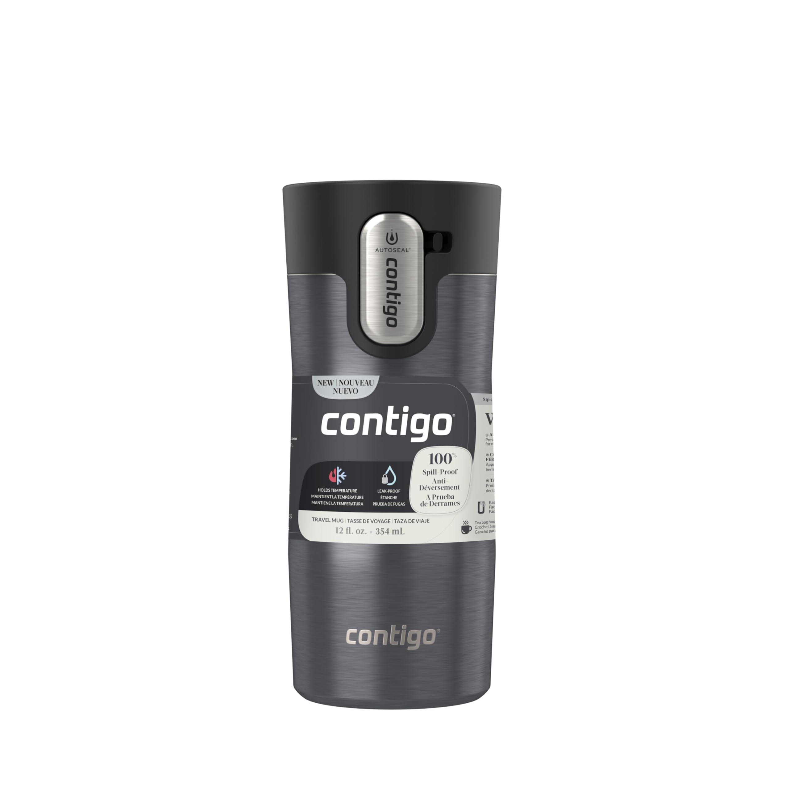 Contigo Autoseal West Loop Thermobecher, Edelstahl, 355 ml, vakuumisoliert, leicht zu reinigender Deckel, Grau Metallic