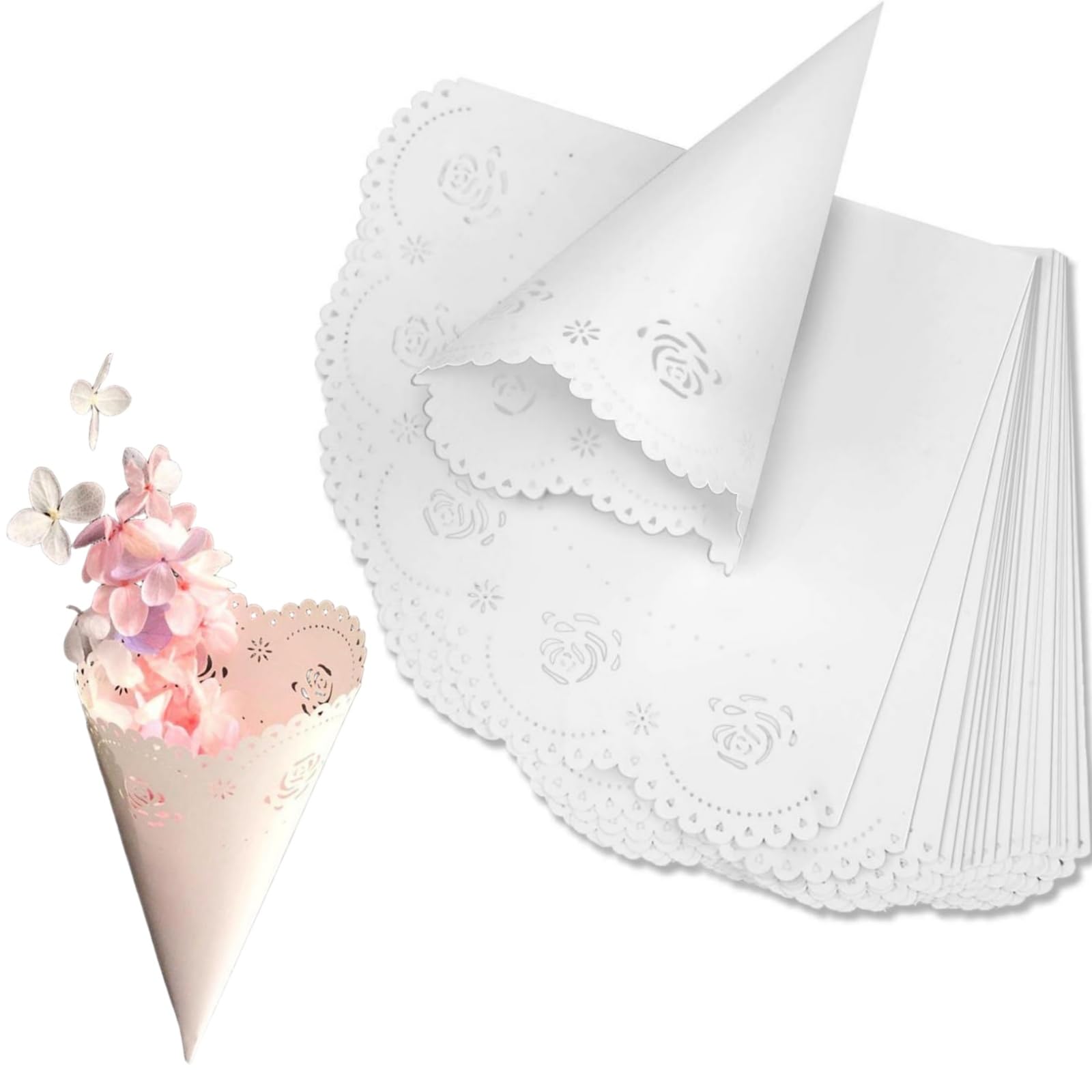 Cônes de confettis pour mariage jojofuny blanc sous une pluie de rose