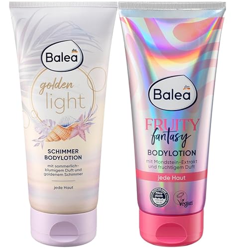 Balea 2er-Set Hautpflege: Golden Light Schimmerlotion goldener Glow mit Sheabutter, sommerlich-blumiger Duft, 200 ml + Körperlotion Fruity Fantasy fruchtiger Duft mit Mondsteinextrakt, 200 ml (400 ml)