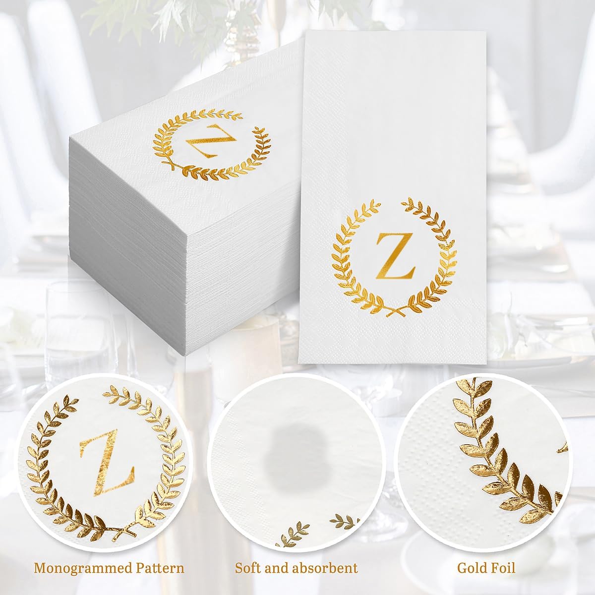 200 Pack Monogrammed Disposable Napkins Gold Foil Letter Z Guest Napkins Initial Disposable Hand Paper Towels for Wedding Engagement Baby Shower Party Home Kitchen Bathroom Dinner Decorative Towels
