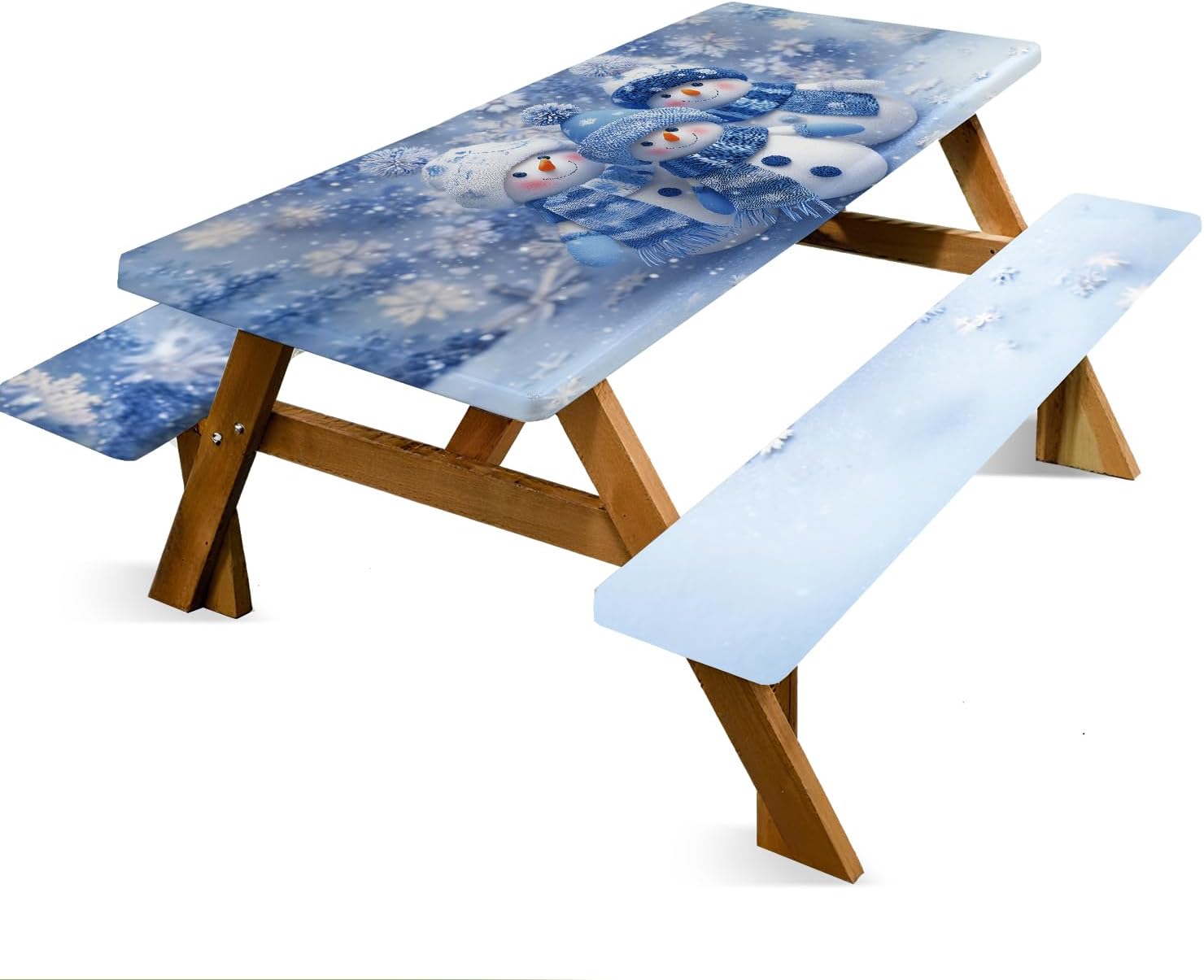 6FT Picnic Table Cover with Bench Covers Set of 3, Snowmen Trio in Winter Wonderland, 72"x30" Waterproof Holiday Tablecloth & Bench Seat Covers for Outdoor Dining, Camping & Party Decor