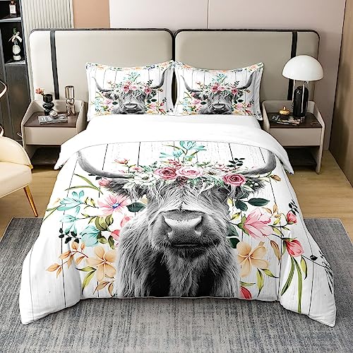 Loussiesd Highland Cow Flower 100% Cotton Duvet Cover Bull Cattle Bedding 100% Cotton Set Decor Western Funny Animal Wildlife Farmhouse Cow White Wooden Quilt Cover Room 3Pcs Double Size Zipper
