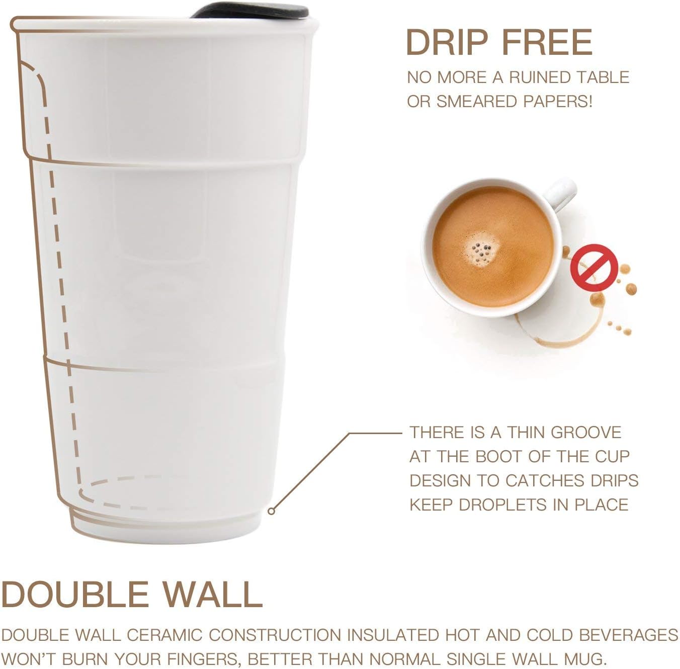 UDMG Ceramic Double Wall Insulated Travel Coffee Cup with Slider Lid, Silicone Sleeve & BuiltIn