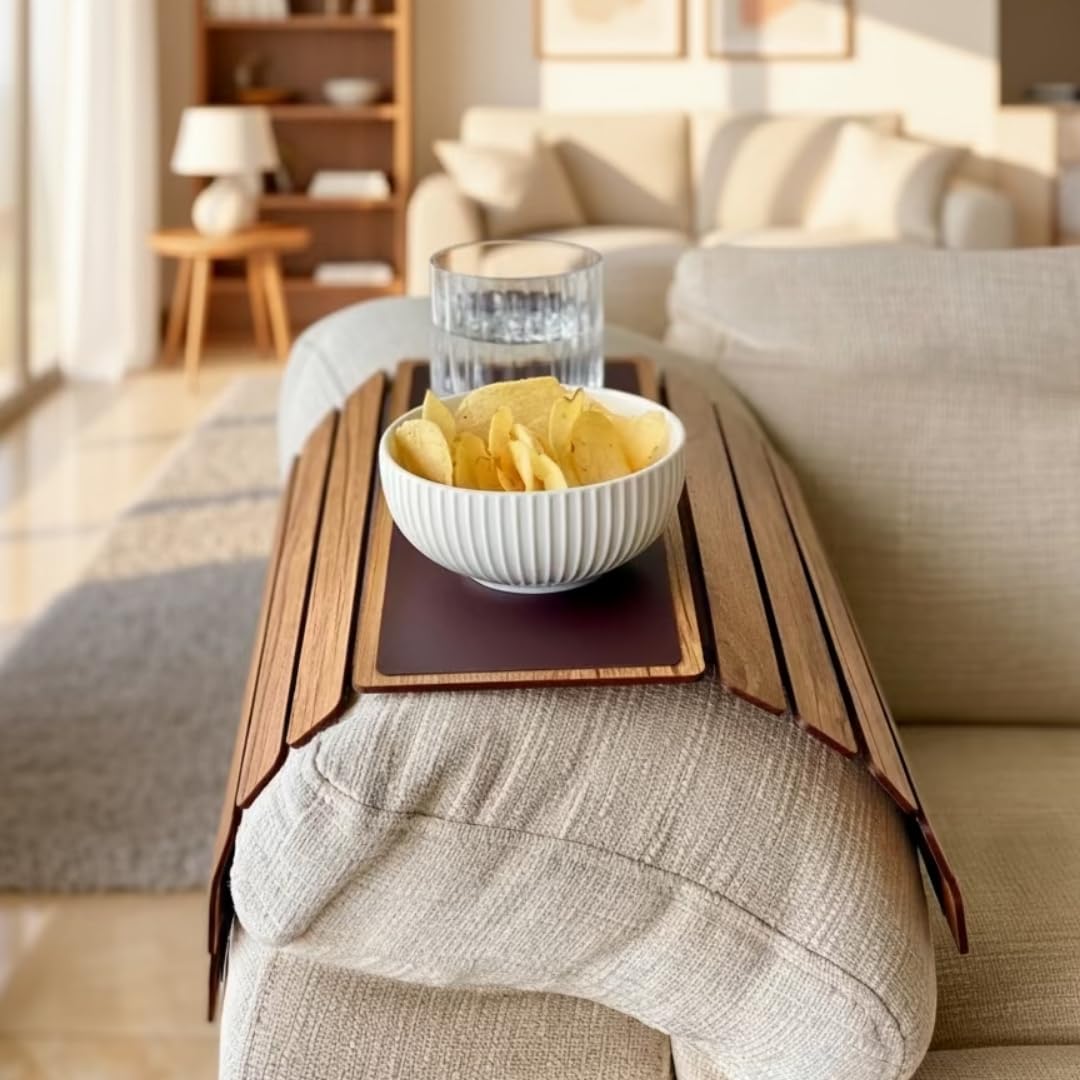 - MASON HOME Sofa Rectangular Armrest Tray - Light Brown Full Grain Bamboo Wood with Anti Slip Pad | Dining Tray | Home & Office Décor | Furniture | Serving Platter for Drinks - Appetizer - Snack Bowls