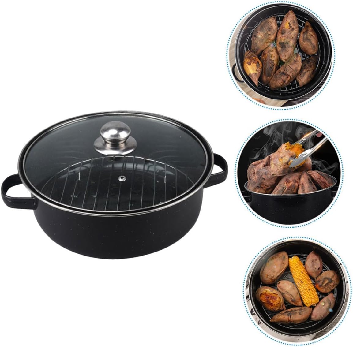 Generic Enameled Roasting Pot with Glass Lid for Oven Use Wear-resistant Bottom Cooking Supply for Roasting Sweet Potatoes Chicken Wings Corn and Vegetables Household Kitchen Roaster